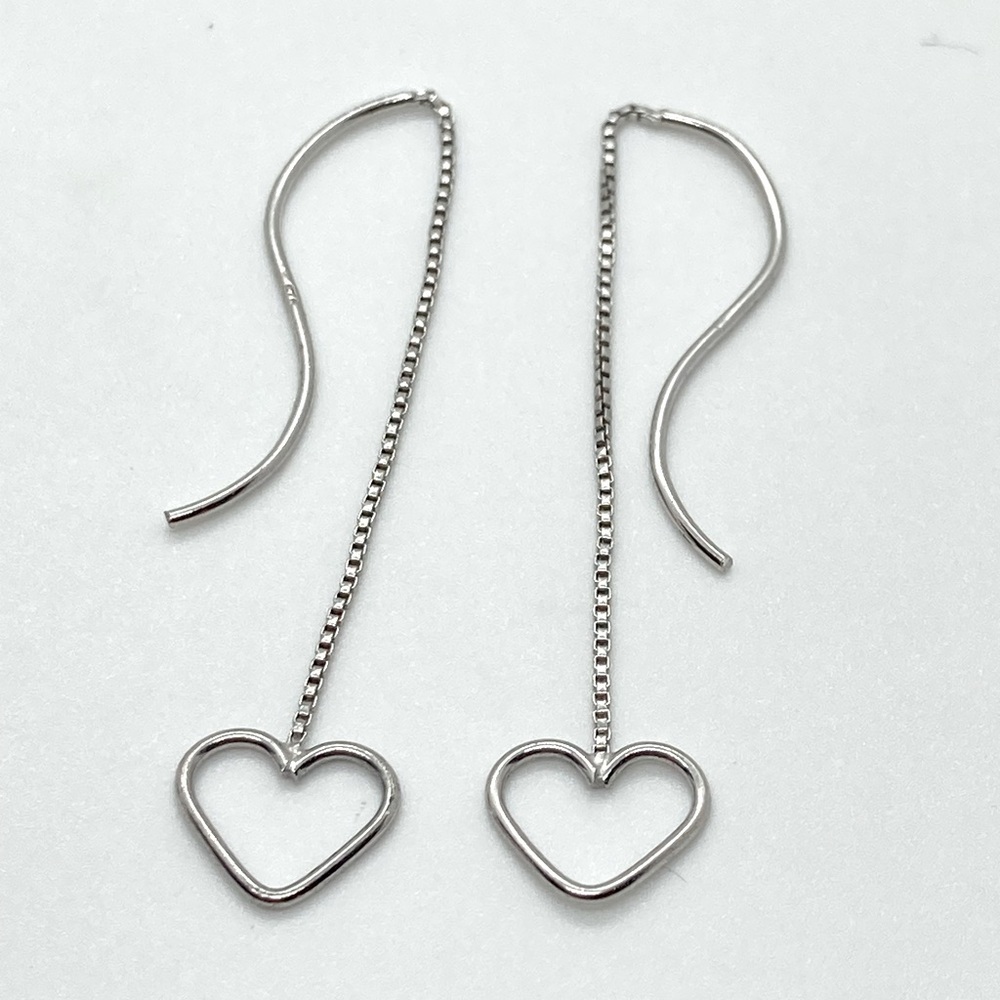 Vtg 925 Sterling Silver Chain & Heart Outline Dangle Threader Earrings | 2” L